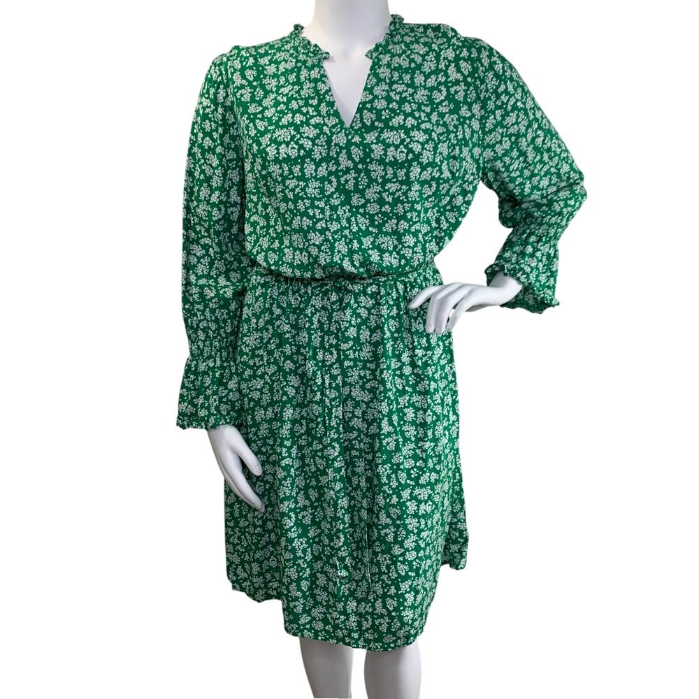 Ellos Womens Rayon Tea Dress Size 18 Kelley Green White Floral VNeck Below Knee